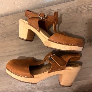 Lotta from Stockholm Size 38 T-Bar Clogs Brown Nubuck with Wooden Sole